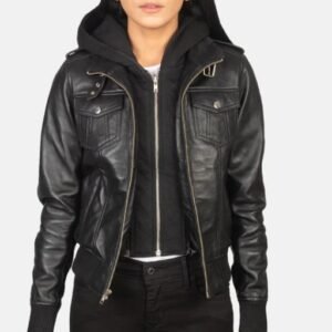 Roslyn Black Hooded Leather Bomber Jacket